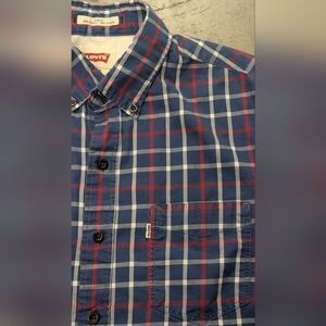 Levi's Men's Blue and Red Plaid Shirt, Small